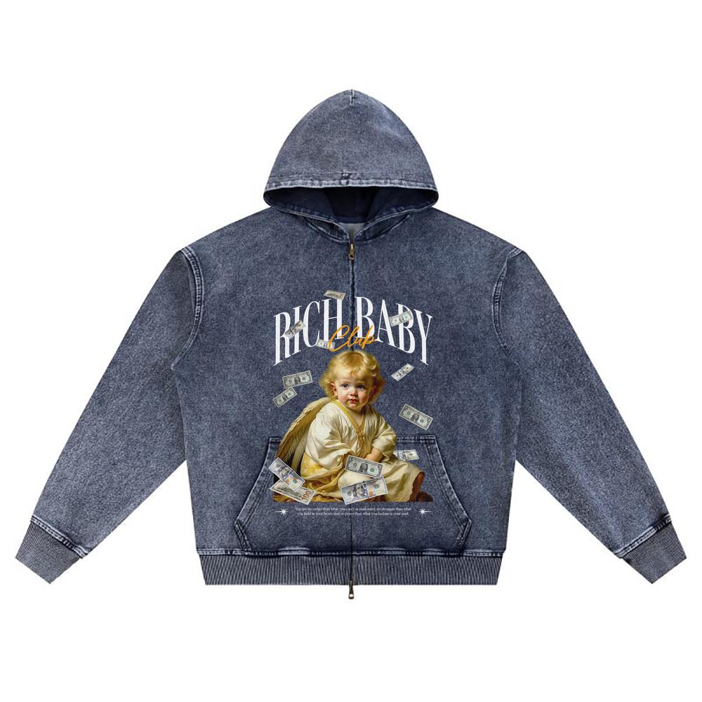 

DTG print Knitted Denim Zip-Up Hoodie Rich Baby Club Brother Print Zipper Hoodies XL темно-синий