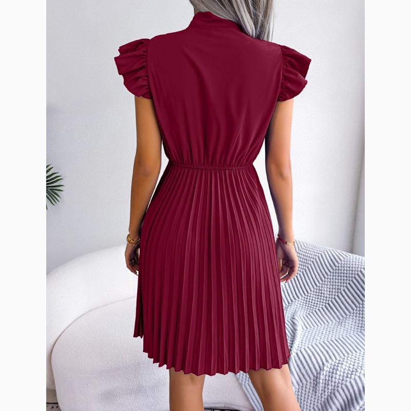Spring Summer A Line Casual Dresses Women Lace Up Waist Pleated Office Lady Dress Elegant Ruffled Solid Loose Dress Female Clothing 24114