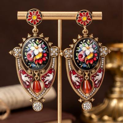 Vintage Flower Murals Shield Earrings Palace Style Oil Painting