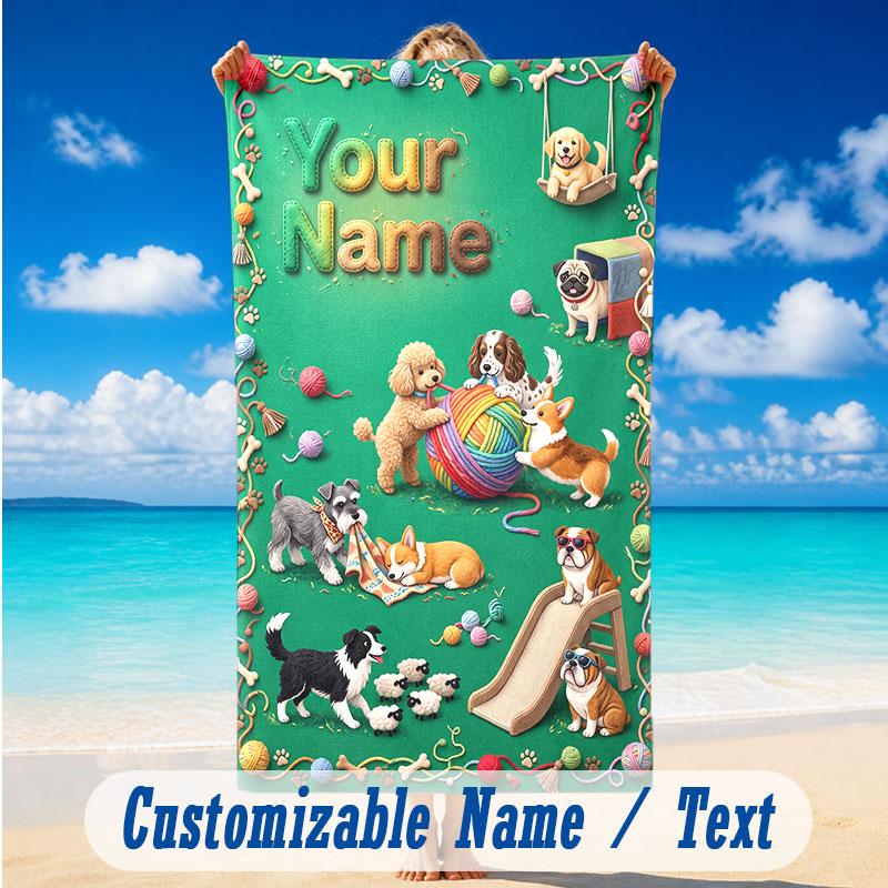 Dog Theme Beach Towel Personalized Custom Name & Text Soft Quick Dry Beach Towel for Swimming Travel