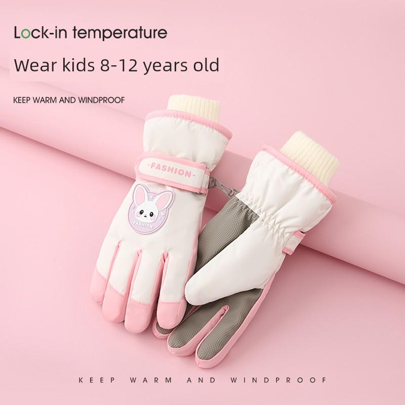 Kids Ski Gloves Winter Girl Fleece-lined Thickened 8-12 Years Old Student Cycling Windproof Heattech Snow Playing Cotton Gloves