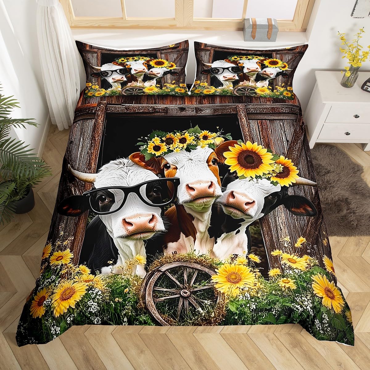 

Comforter Milk Cow Cabin Farm House Full Queen Bedding Set Garden Windmill Decor Farmhouse Comforter Sunflower Bed Set Comforter (quilt)-EU Single(135*200cm)3pcs