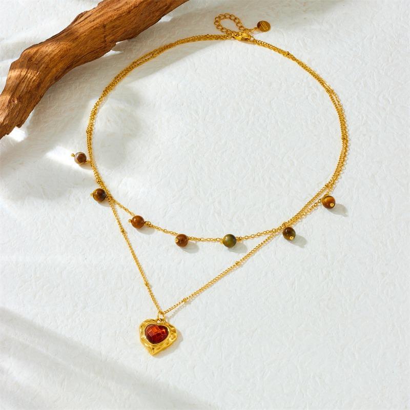 Gold Plated Stainless Steel Double Layer Necklace with Tiger s Eye Beads & Red Agate Heart Pendant for Women красный