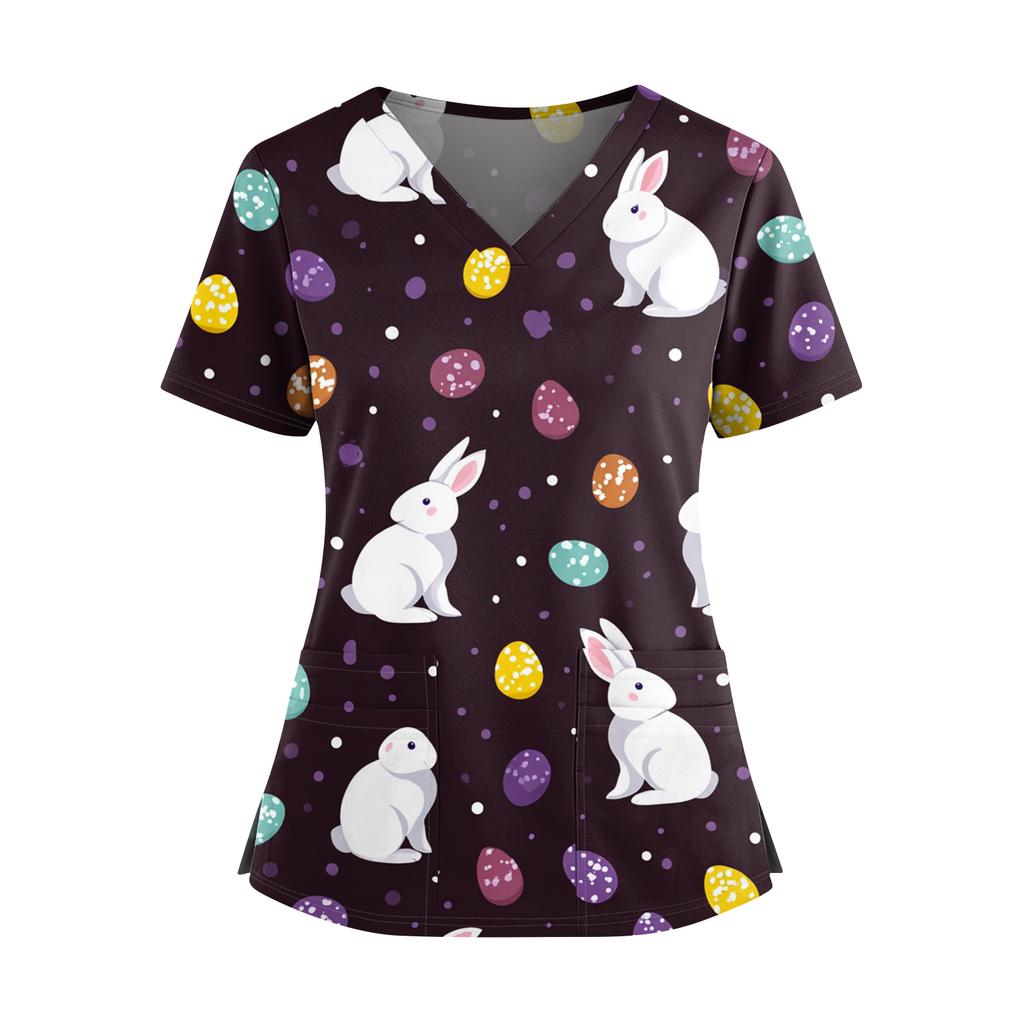 Damen Osterdruck V-Ausschnitt Doppeltasche Kurzarm Uniform Top mit geschlitztem Saum