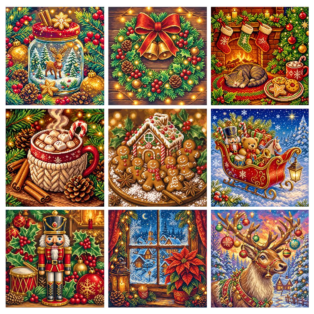 Christmas Full 11CT 3 Strands DIY Stamped Embroidery Needlepoint Starter Kits for Beginners Adults Home Wall Decor 15.75x15.75in