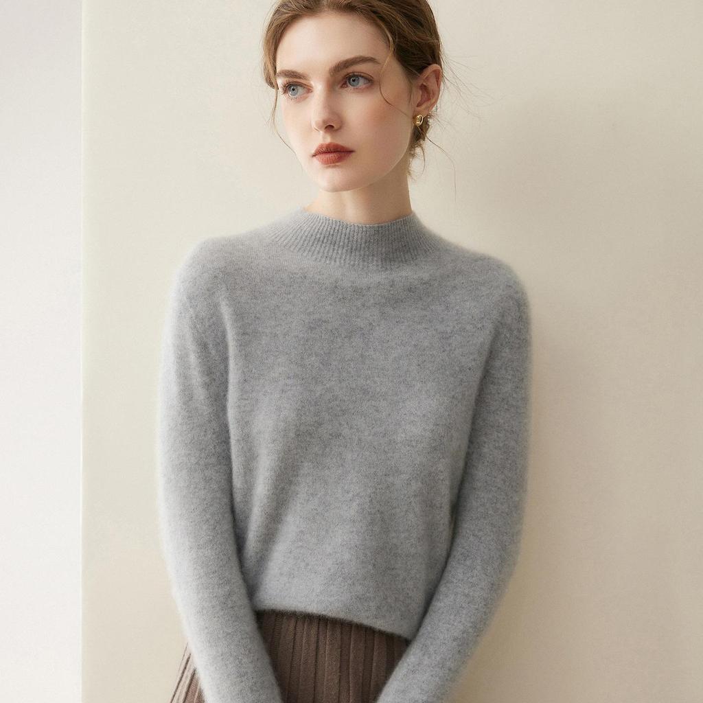 Women's Pure Cashmere Pullover - Half-High Collar, Loose Fit, Warm Autumn/Winter Knit Sweater.