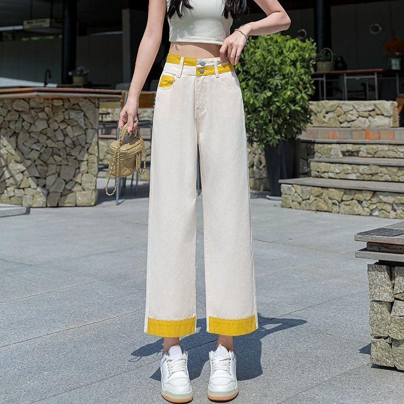 Summer Simple High Waist Fashionable Thin Loose Straight Jeans White Paneled Capris Women Pants
