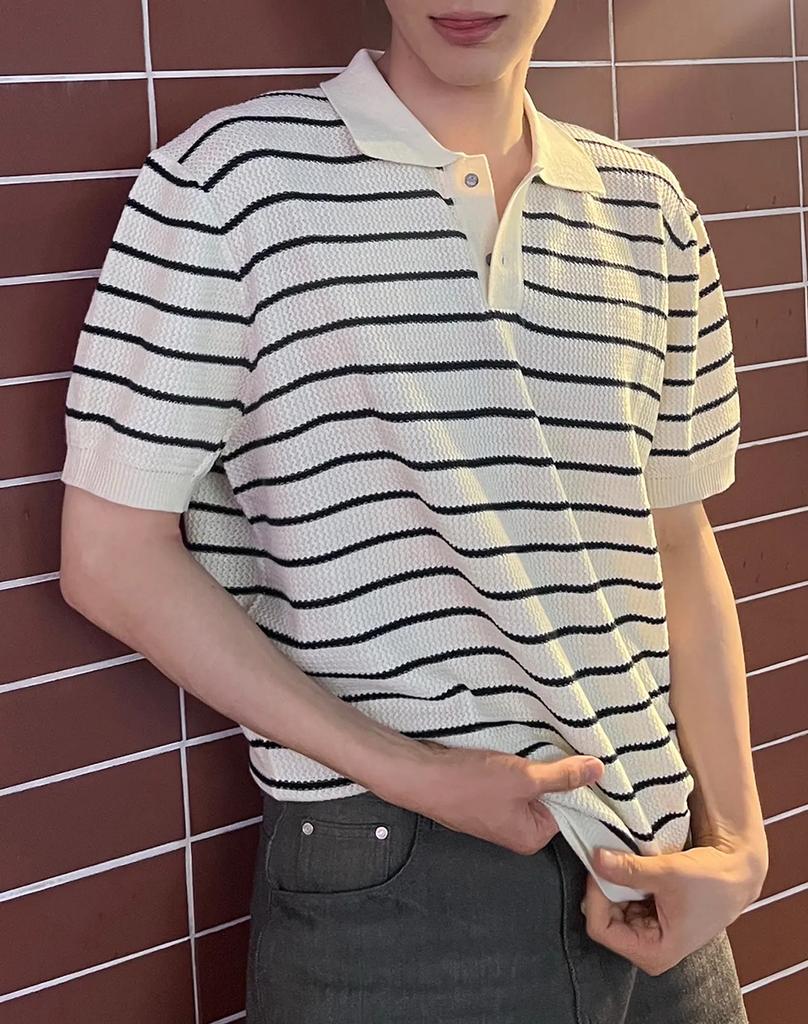 WORK ON BODY OFF Easyon Semi-Overfit Striped / Solid Collared Short Sleeve Knit (5 Colors) (Type A)