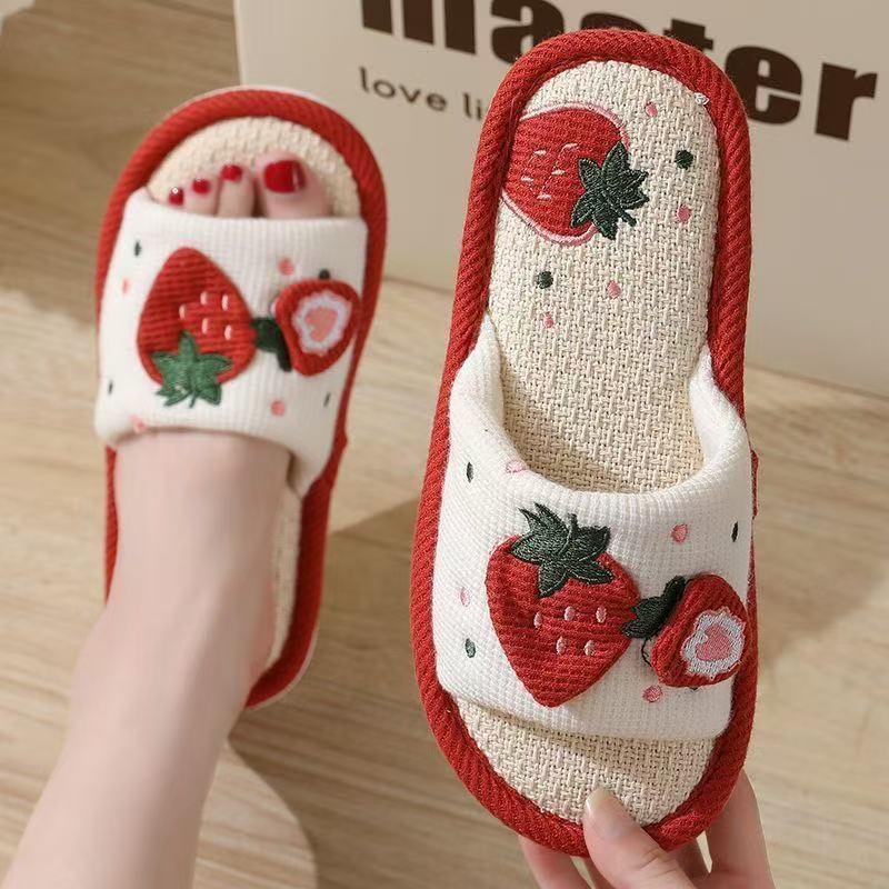 Women's Breathable Strawberry Linen Slippers - Non-slip, Sweat-absorbent, Soft Sole, Silent for All Seasons