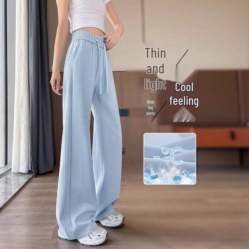

Women s Blue Ice Silk Wide-Leg High-Waisted Slimming Pants - Summer 2025, Thin, Petite Nine-Tenths Length, Casual Sports Style. S Under 47.5 kg