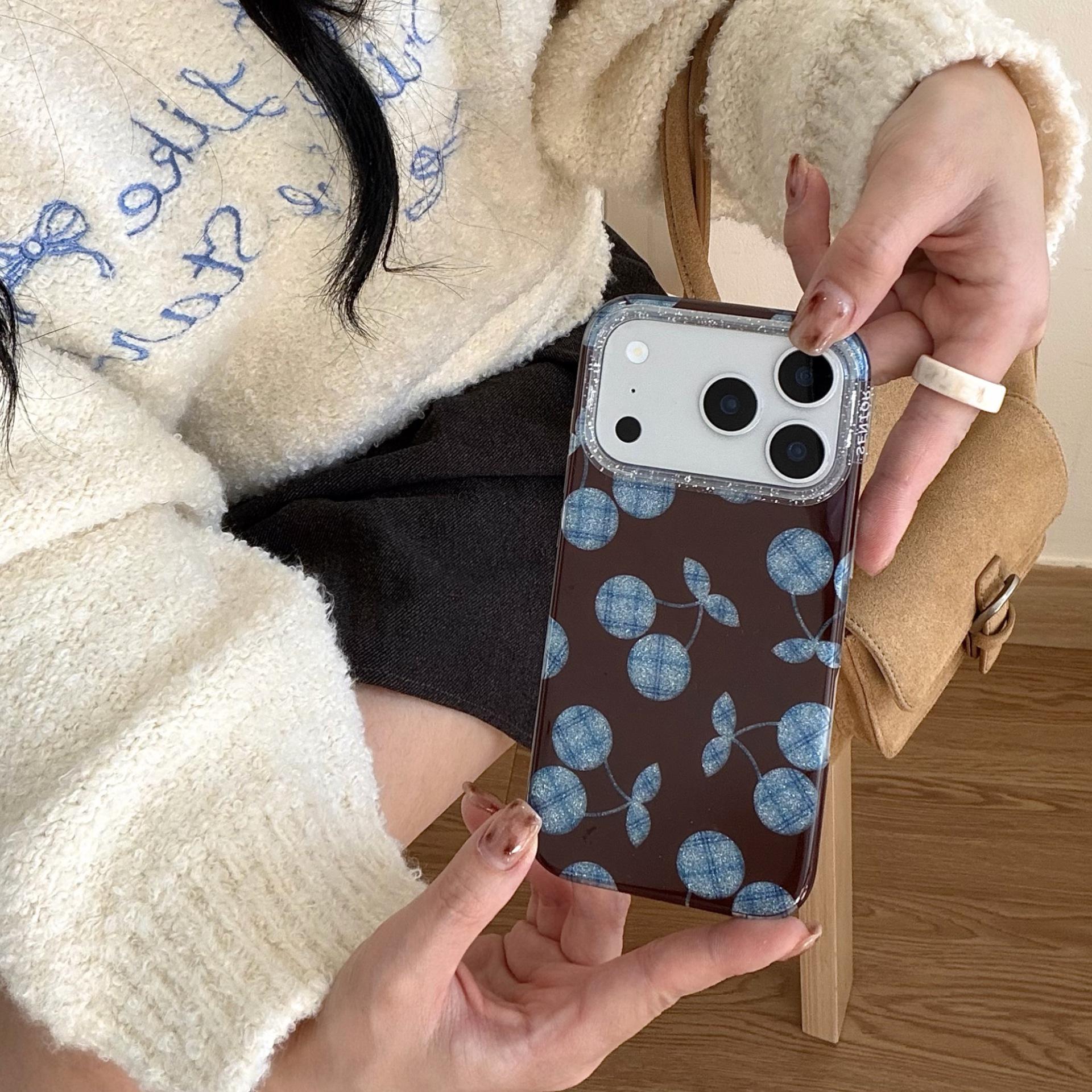 

Korean Blue Glitter Cherry Blossom Phone Case for Apple 17 Pro Max, 16 Pro, 15 Pro, 14, 15 Models Apple 15