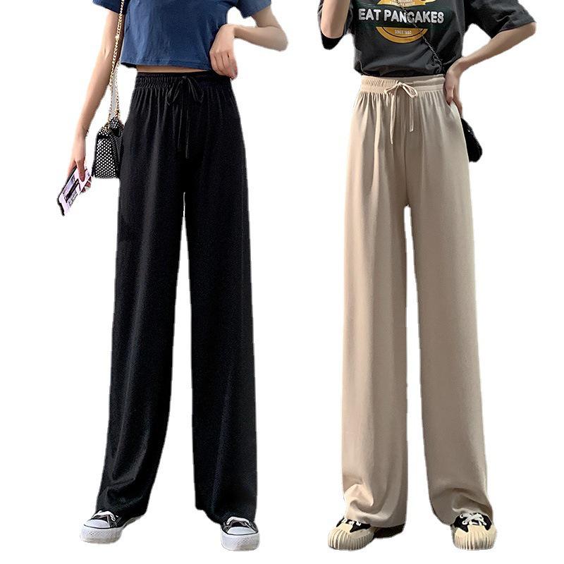 Pantalones de Mujer de Pierna Ancha de Seda Helada de Cintura Alta - Finos de Primavera/Verano, Largos hasta el Suelo, Holgados, de Pierna Recta, Diseño Casual con Caída