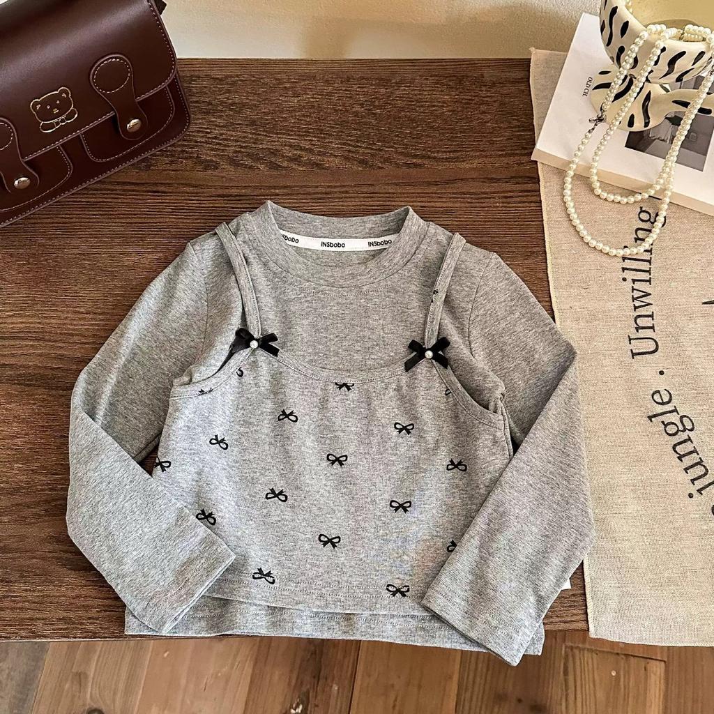 Girls Spring Autumn Fake Two Piece Solid Base Shirt Bowknot Splice Versatile Princess Top
