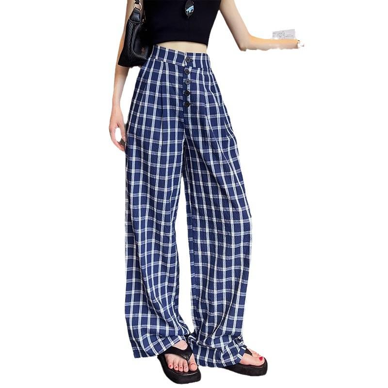 Women's Retro Plaid Double-Breasted Straight-Leg Wide-Leg Pants - Zhao Lusi Style, Spring & Autumn Collection In Blue.