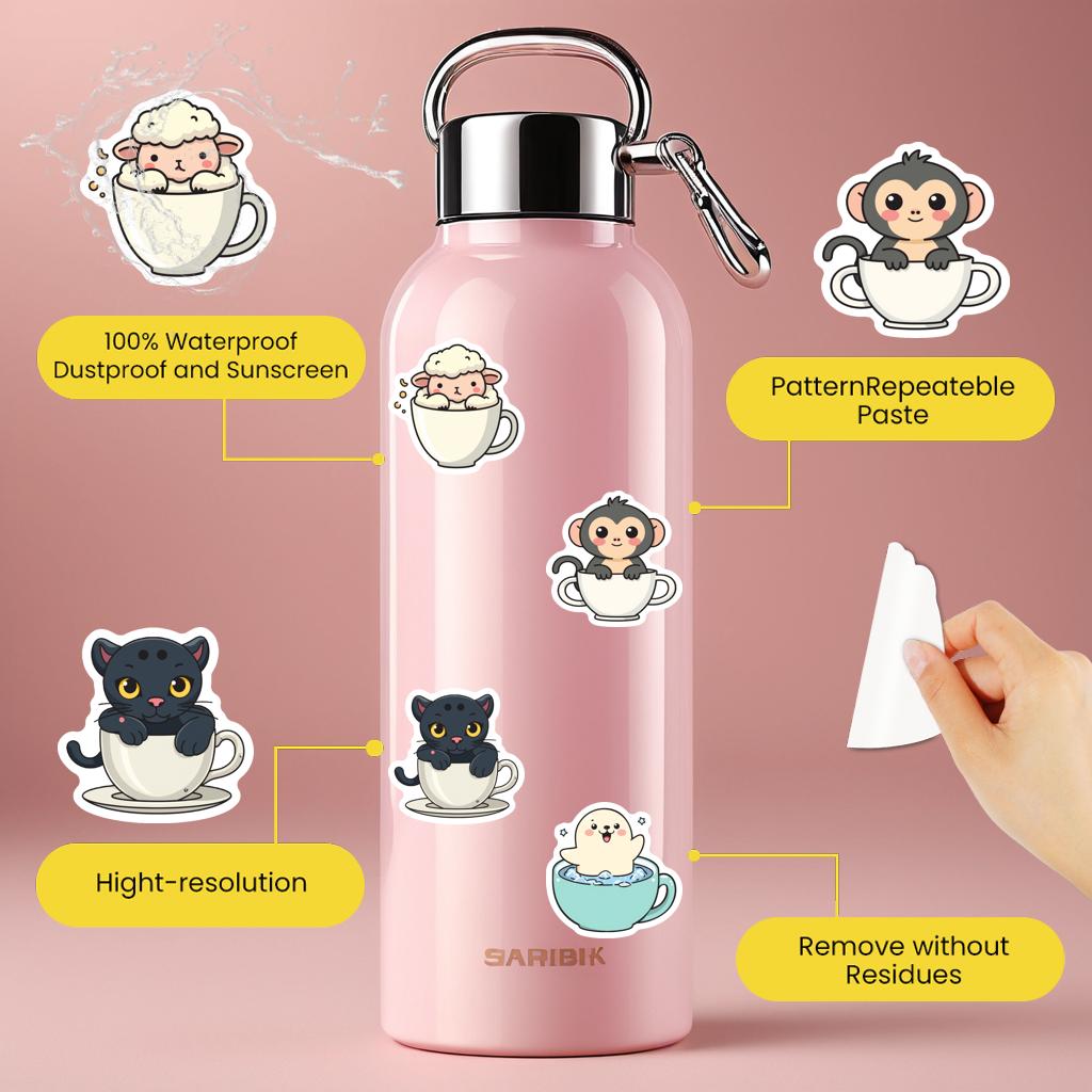 35-100pcs Animal Cup Sticker Album Scrapbooking Decoration Sticker Kawaii Stationery Teacher Reward Stickers Deco Luggage Laptop