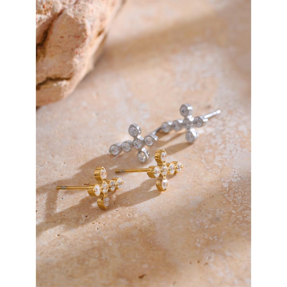 Yhpup Delicate Shiny Cubic Zirconia Cross Small Stud Earrings for Office Ladies Stainless Steel Trendy Chic Jewelry Waterproof