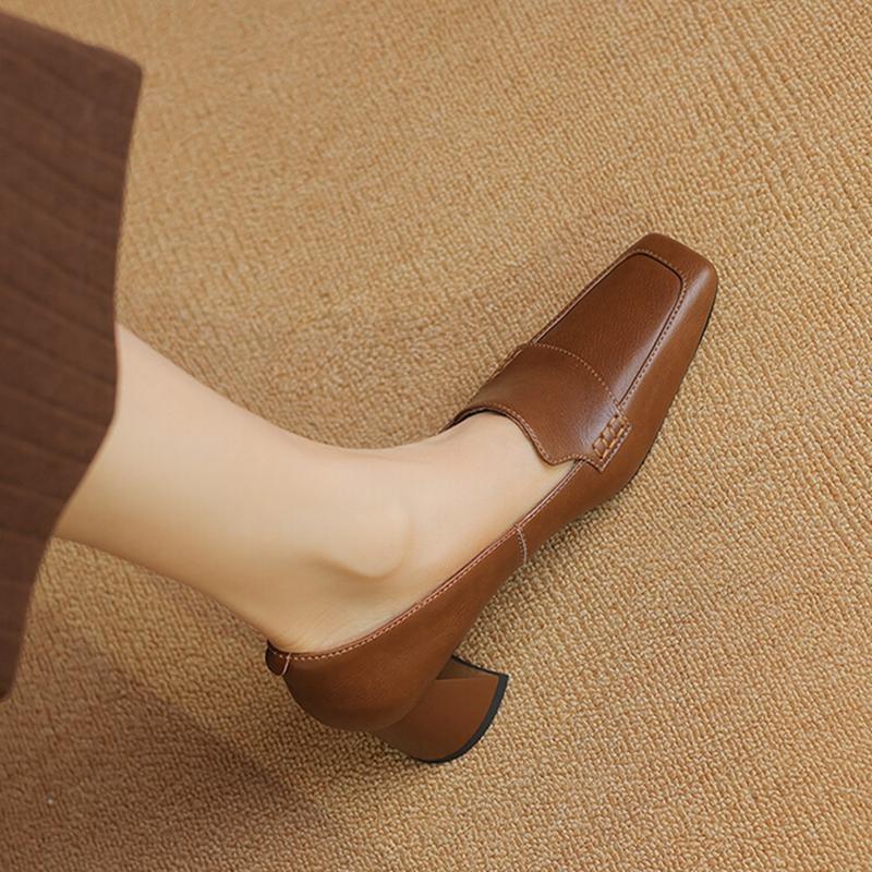 Fashion NEW Spring/Autumn Women Loafers Split Leather Shoes for Women Square Toe Chunky Heel Black Shoes Concise High Heel Women Pumps