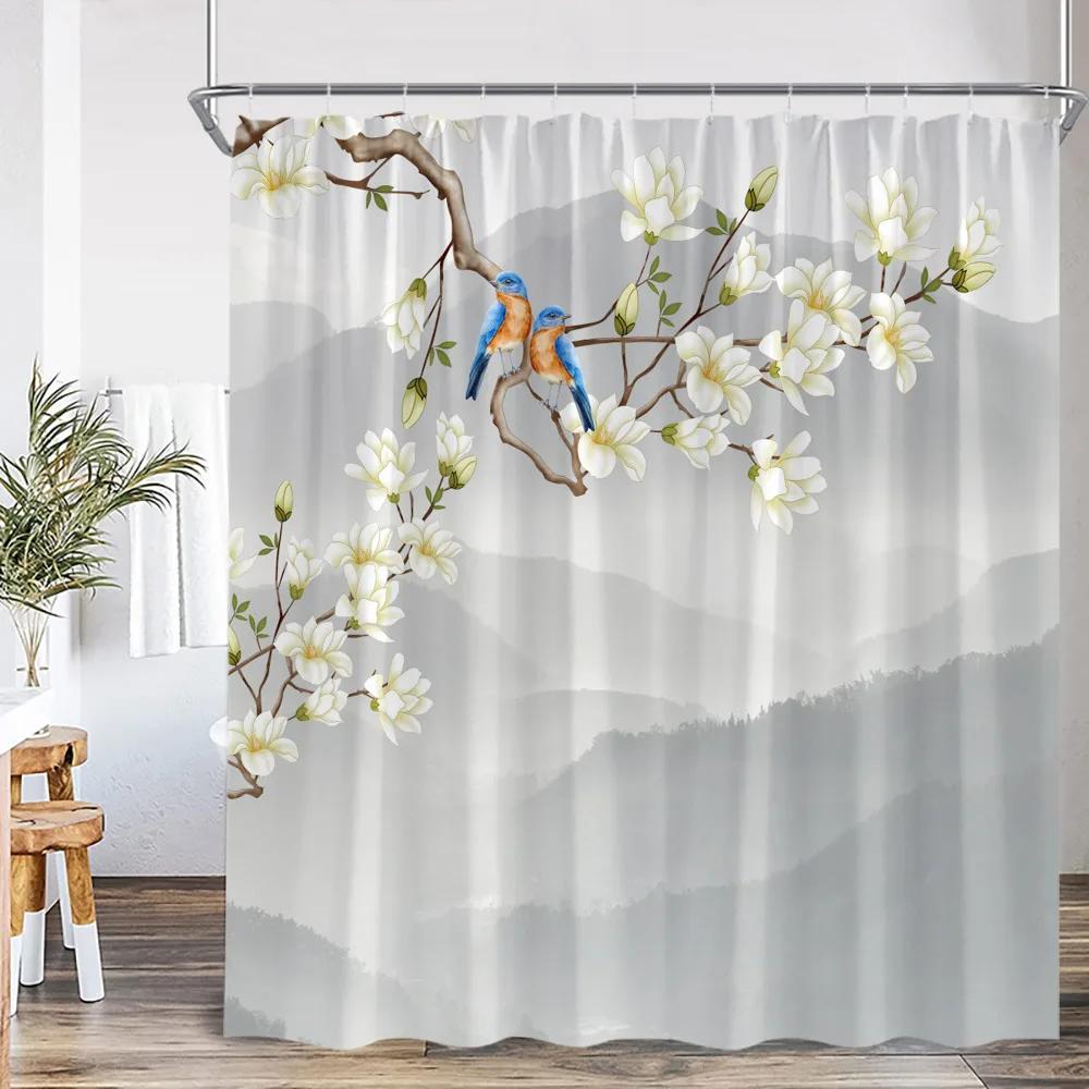 Chinese Style Shower Curtain Birds Classical Flower Tree Plant Asian Bathroom Decor Vintage Polyester Bath Curtain with Hook