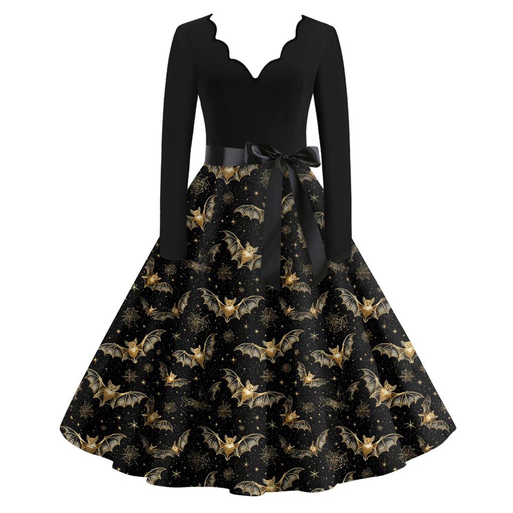 Moda casual feminina manga longa Halloween gráfico impresso vintage vestidos longos