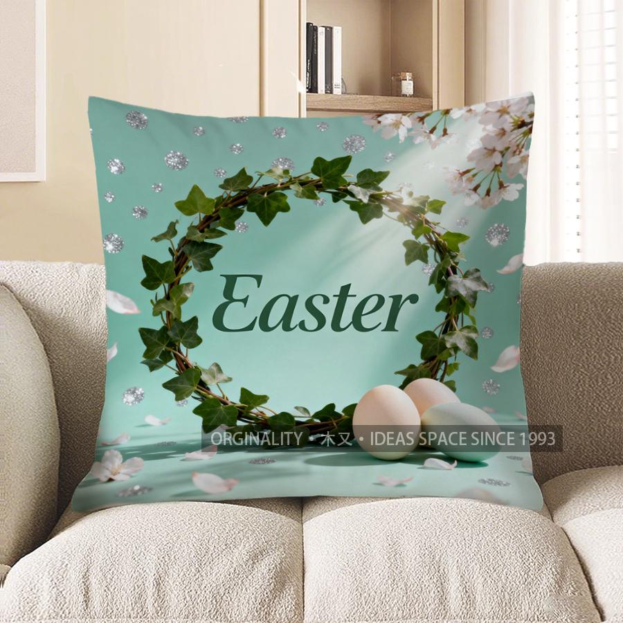 

2D Easter Wreath & Eggs Floral Decor Pillow Pattern Cushion Cover Suitable For Sofa Bedroom Car Pillow Cover 40x40cm