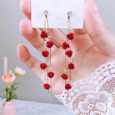 Women's Versatile Red Rose Rhinestone Tassel Earrings