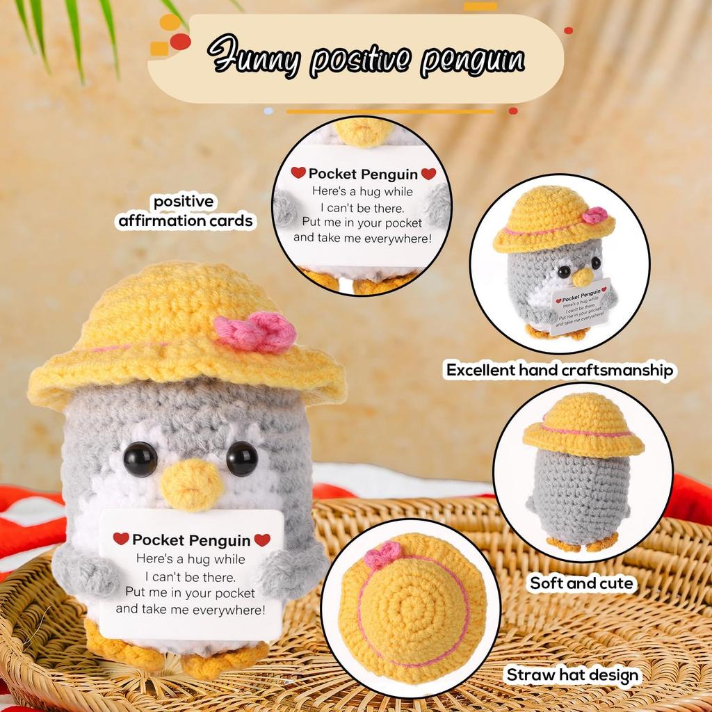 Funny Hug Pocket Penguin Dolls with Card Cute Wool Crochet Emotional Support Penguin Doll with Summer Straw Hat Home Room Decor
