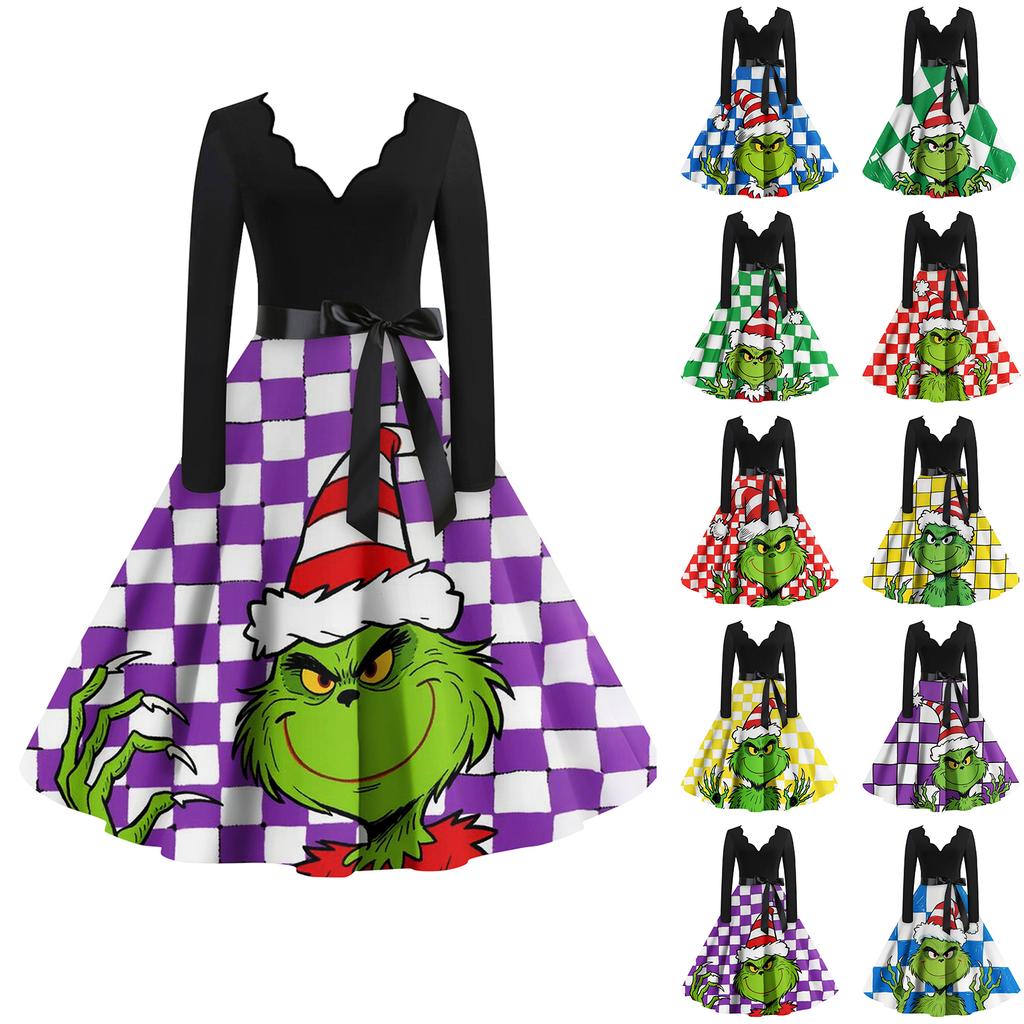 Ladies' Fashionable Retro Long Sleeved Square Neck Christmas Printed Evening Dress Dress