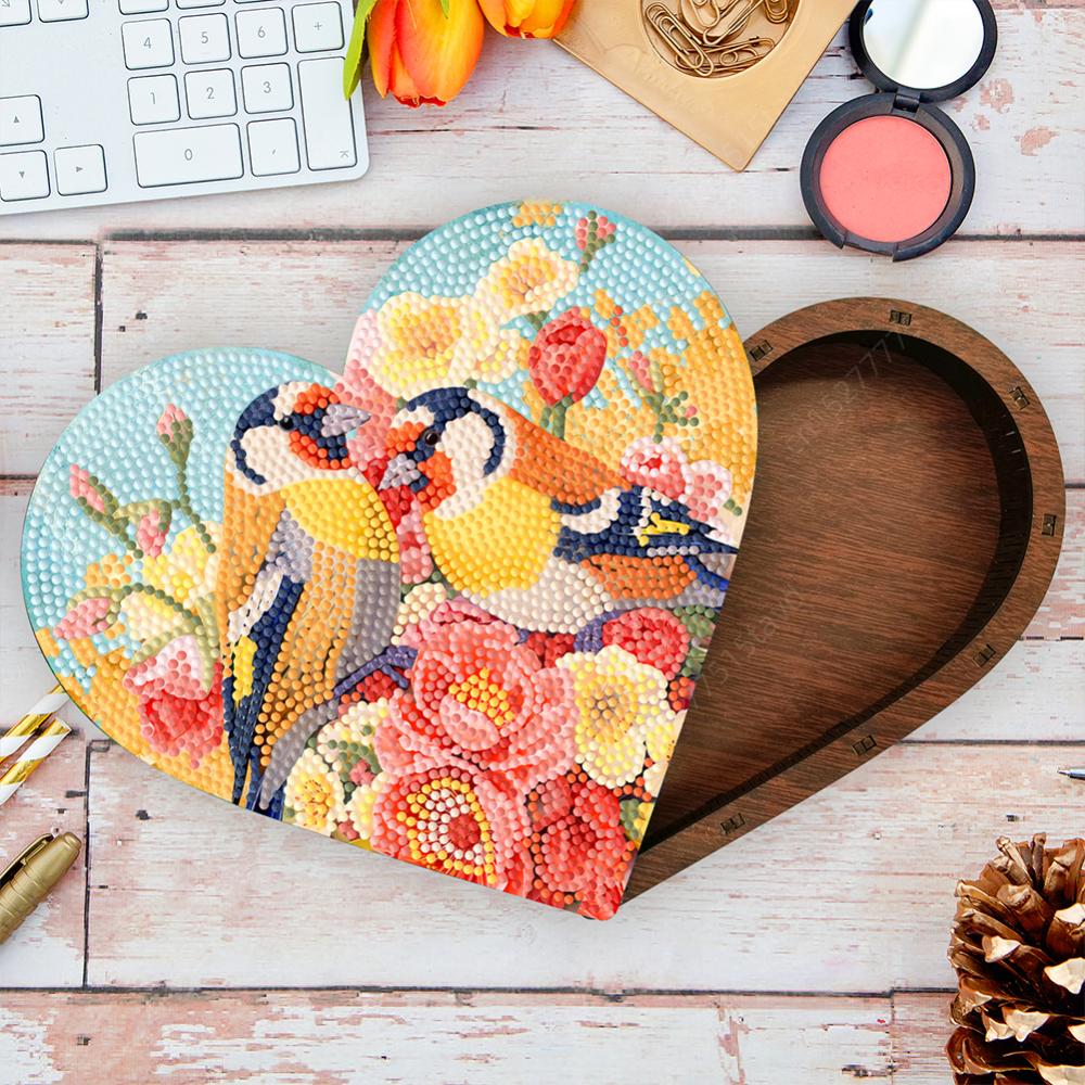 Wood Diamond Painting Jewelry Organizer Flower Bird Crystal Rhinestone Diamond Art Jewelry Case Heart Rose Tulip for Adults Kids