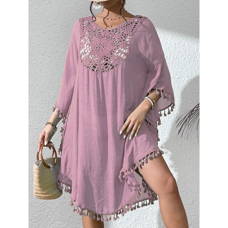 

YYFS женские модные летние весенние однотонные пляжные платья с рукавами 1/2 и круглым вырезом Naks и парео One Size розовый