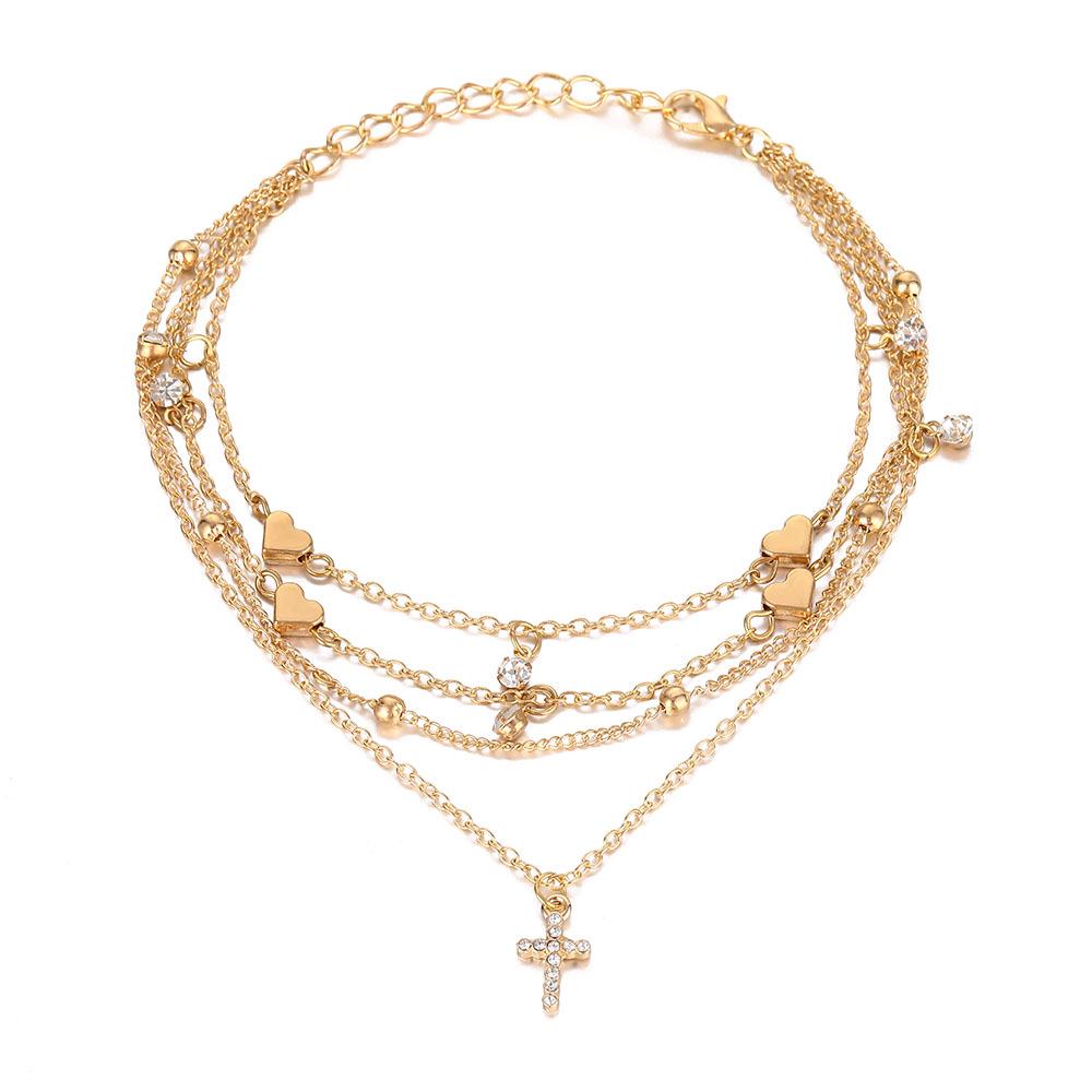 Trendy Multi-Layer Star & Moon Anklet with Love Cross Charm - Fashionable All-Match Jewelry for Women
