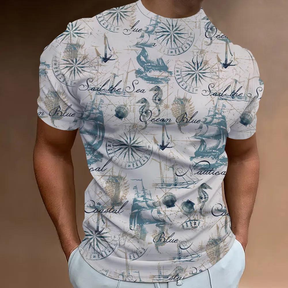 Ny T-skjorte 3D-trykket Nautisk Mønster Sommer Herre Klassisk Vintage T-skjorte Topp Herre Casual Oversized Rund Hals T-skjorte