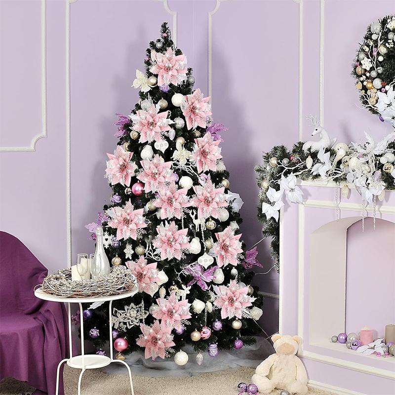 3/5/10Pcs 14.5cm Glitter Artifical Christmas Flowers Mreey Christmas Tree Decoration Happy New Year Ornaments Xmas 2025 Navidad