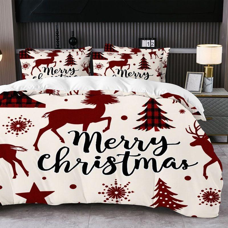Christmas-themed Printed Duvet Cover and Pillowcase Set Santa Claus Reindeer Sleigh Christmas Tree Snowflakes 2pcs/3pcs Bedding