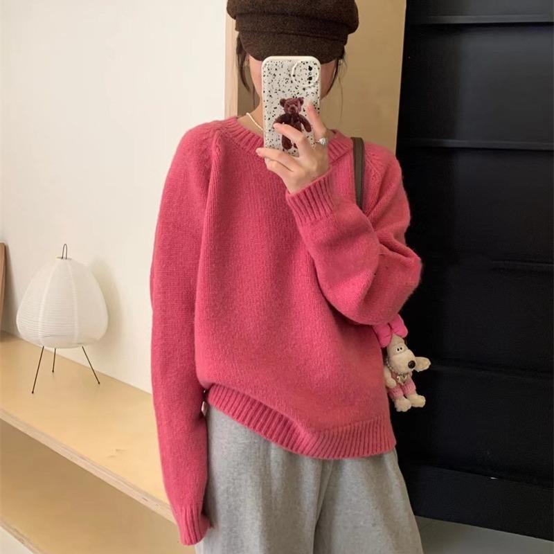 Autumn and Winter New Retro Soft Waxy Candy Color Crew Neck Pullover Sweater Women's Loose Lazy Knitted Sweater Top Thick