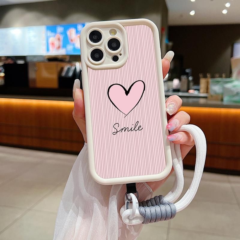 Fashion Smile Pink Love Heart Soft Lanyard Rope Phone Case For iPhone 15 14 13 12 11 16 Pro Max X XS XR 7 Plus Shockproof Cover