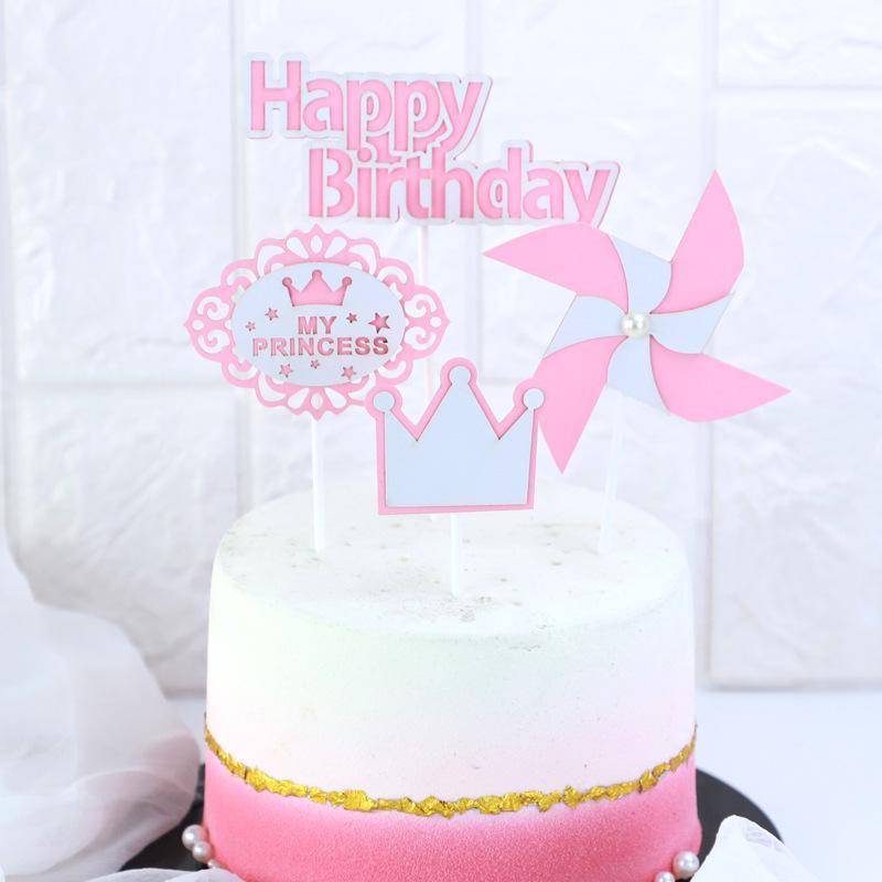 Macaron Color Birthday Pinwheel Princess Crown Cake Toppers Set