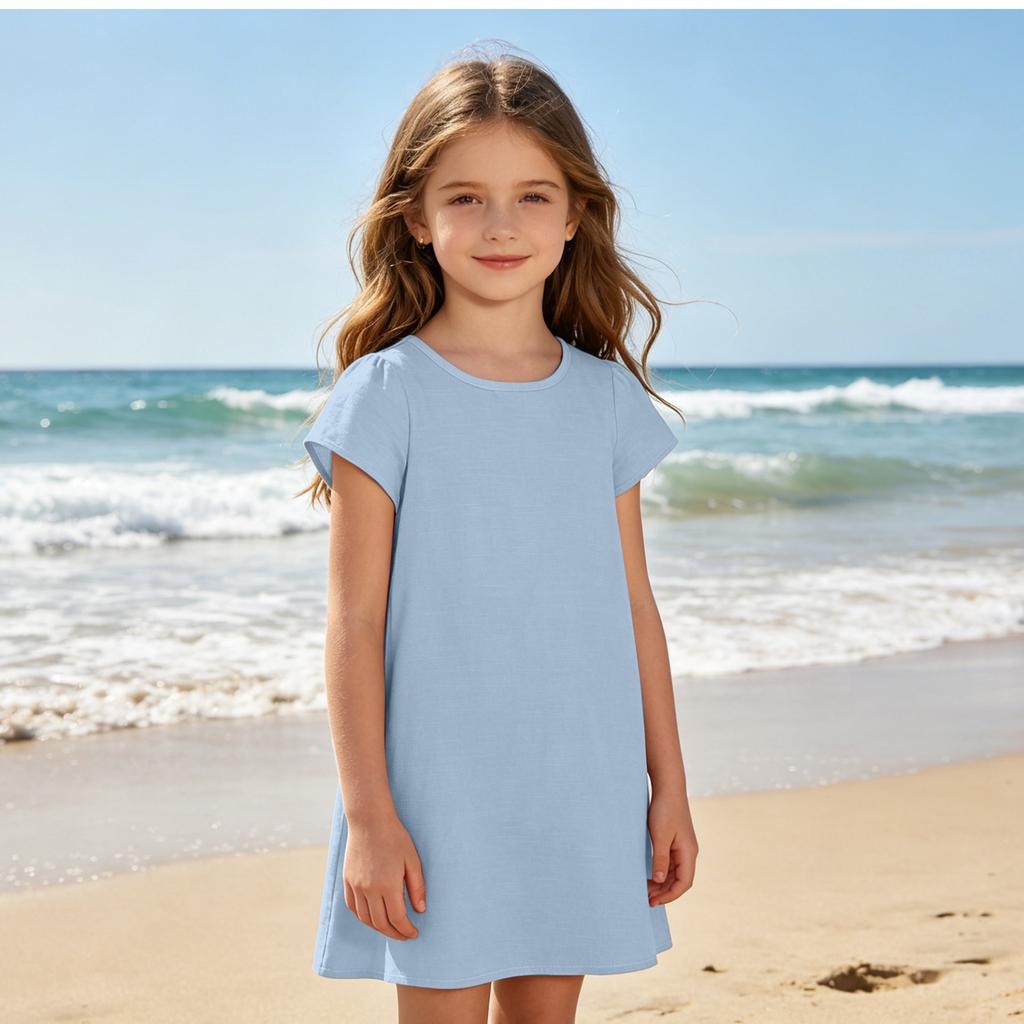 Girls Casual Short Sleeve Dress Lightweight Breathable Summer Dress Made from Cotton Linen Fabric Comfortable Fit Simple Design