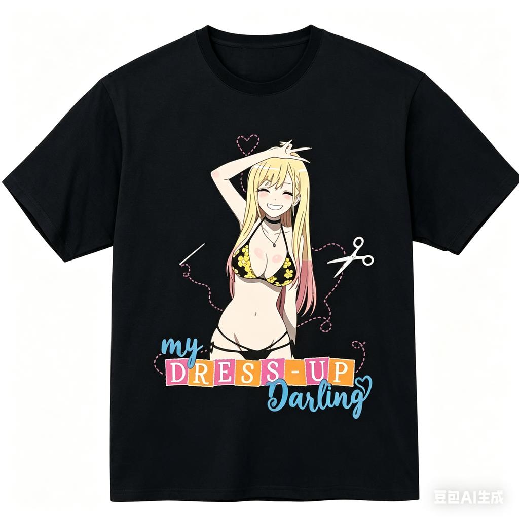 2026 Summer My Dressup Darling Single Black Tshirt Marin Demon Cosplay Heart Anime Oversized Cotton Tee For Otaku Fans