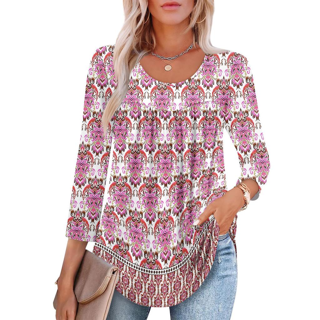 Women's Fashion Seven Sleeve Top Round Neck Pleated Casual Printed Top