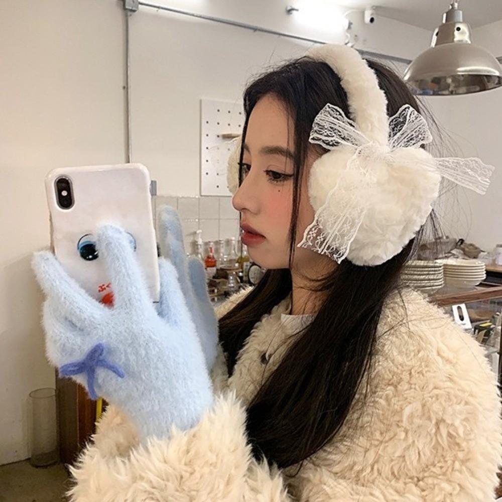 Lace Bow Ear Warmers Windproof Ear Cover Cute Winter Plush Earmuffs  Student