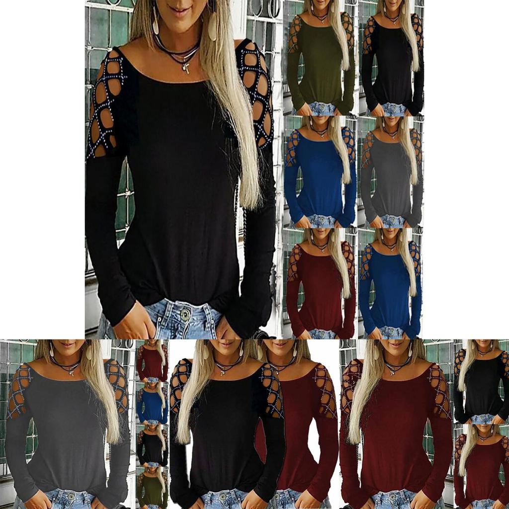 Cotton Long Sleeve T Shirt With Cutout Pattern And Sparkling Details For Women