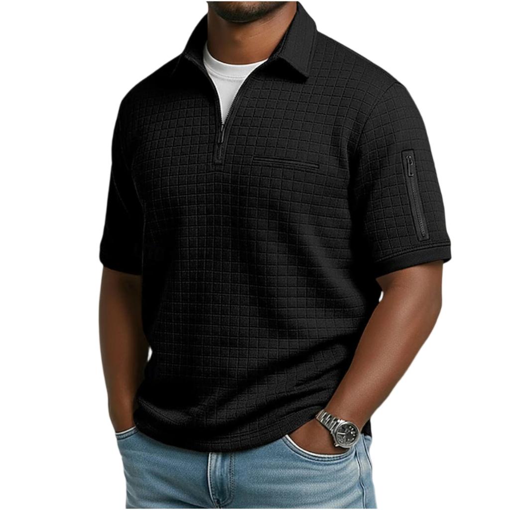 Men's Slim Fit Plaid Short Sleeve Shirt Zipper Front Casual Top with Decorative Arm Zip Pockets