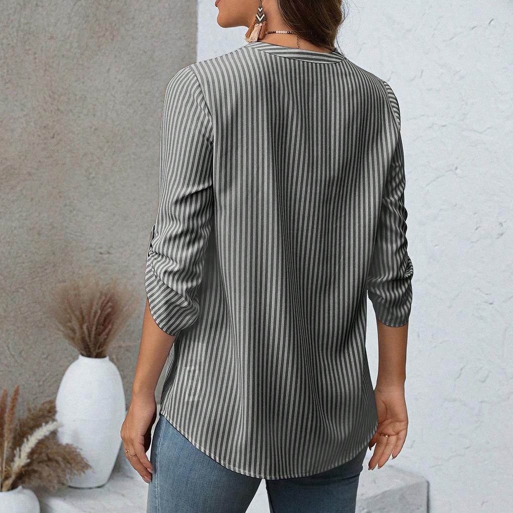 Ladies' Fashionable And Casual Semi Open V-neck Seven Quarter Sleeve Striped Versatile Design Top