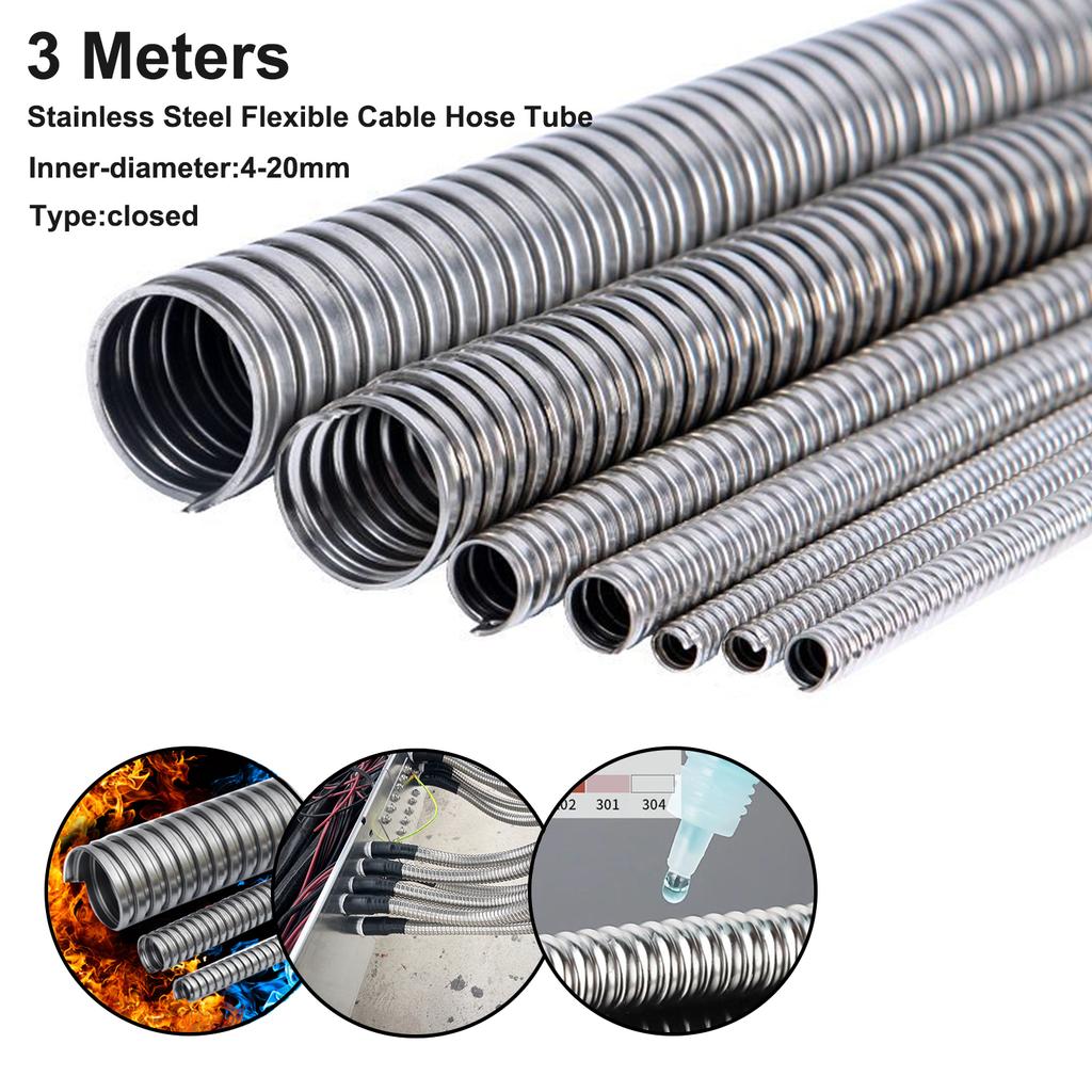 Inner Diameter 4-20mm 304 Stainlesss Steel Corrugated Pipe Wire Line Cable Conduit Protect Hose Tube Length 3 Meter