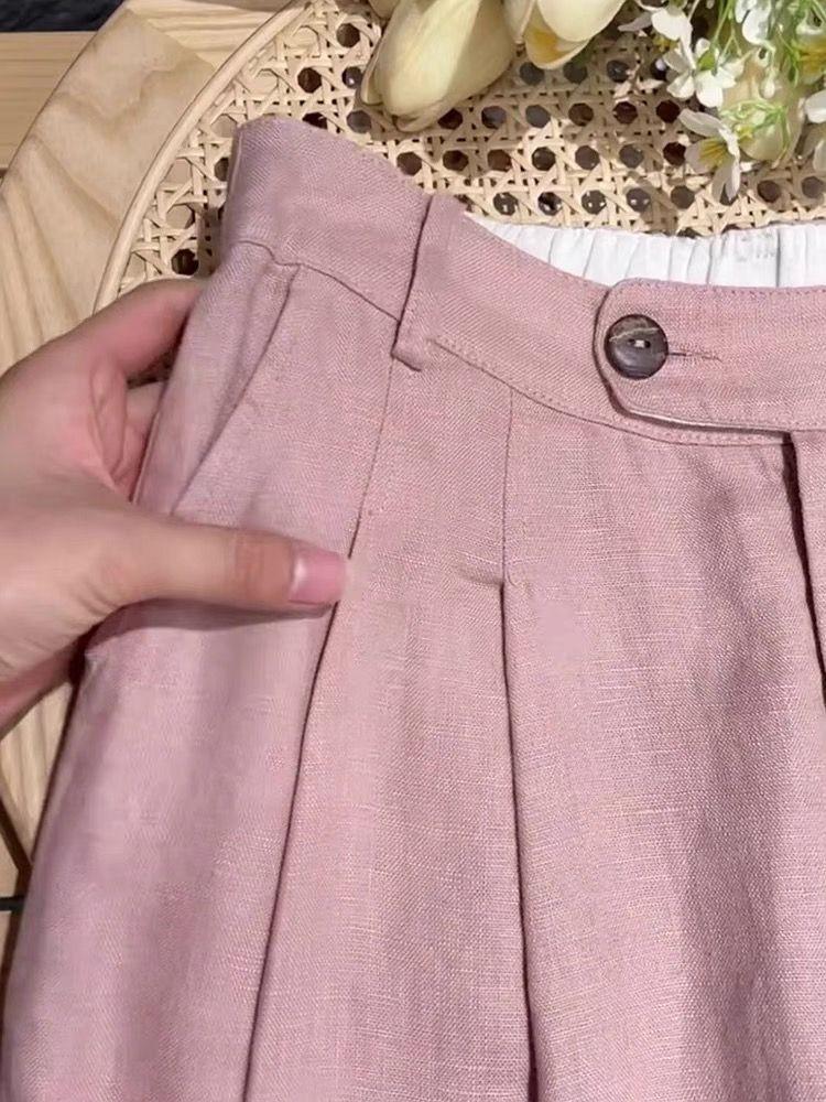 Smoke Pink Tencel Linen Wide-Leg Pants: Women's Petite Ramie Cotton & Linen Straight-Leg with Drape