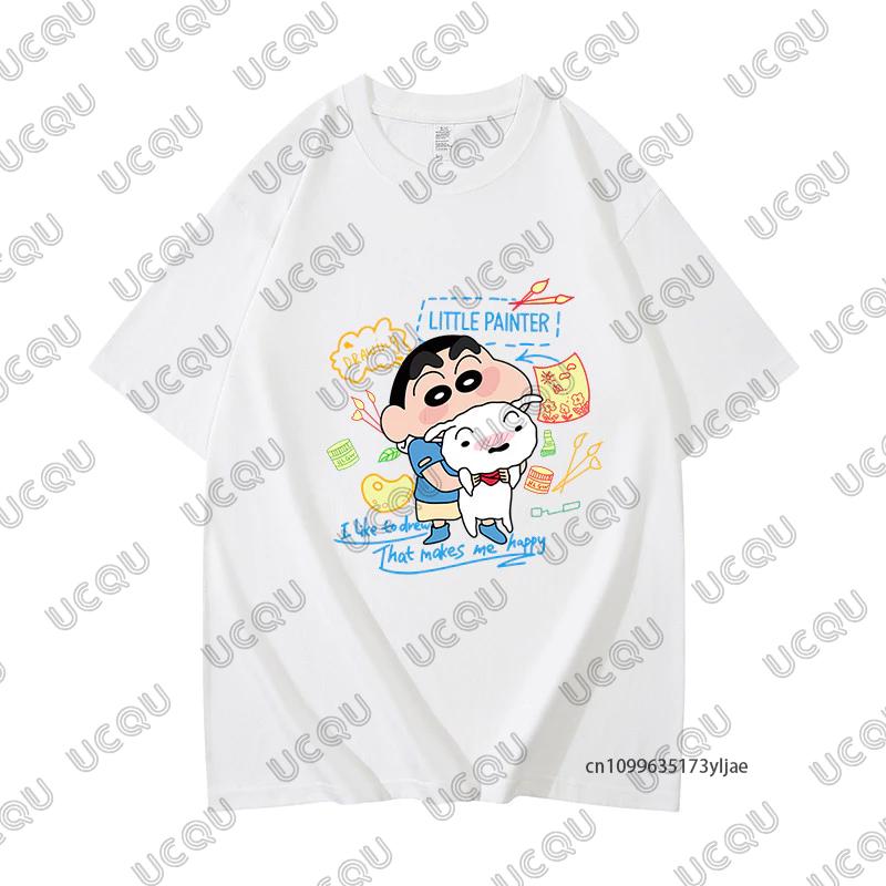 MINISO Summer Cute Cartoon Crayon Shin-chan & Sakurada Nini Print Couple T-shirt For Men Women Cotton Tees Casual Fashion Tops