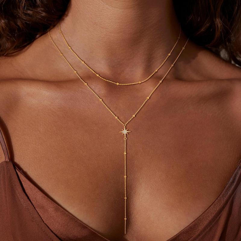 Gold Color Double Layered Long Tassel Chain Necklaces for Women Simple Metal Geometric Sun Bead Choker Party Charm Jewelry Gifts