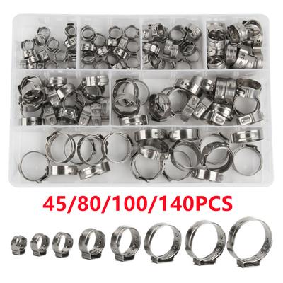 45/80/100/140pcs Hose Clamps Single Ear Stepless 304 Stainless Steel Hose Clamps Cinch Clamp Rings for Sealing Kinds of Hose