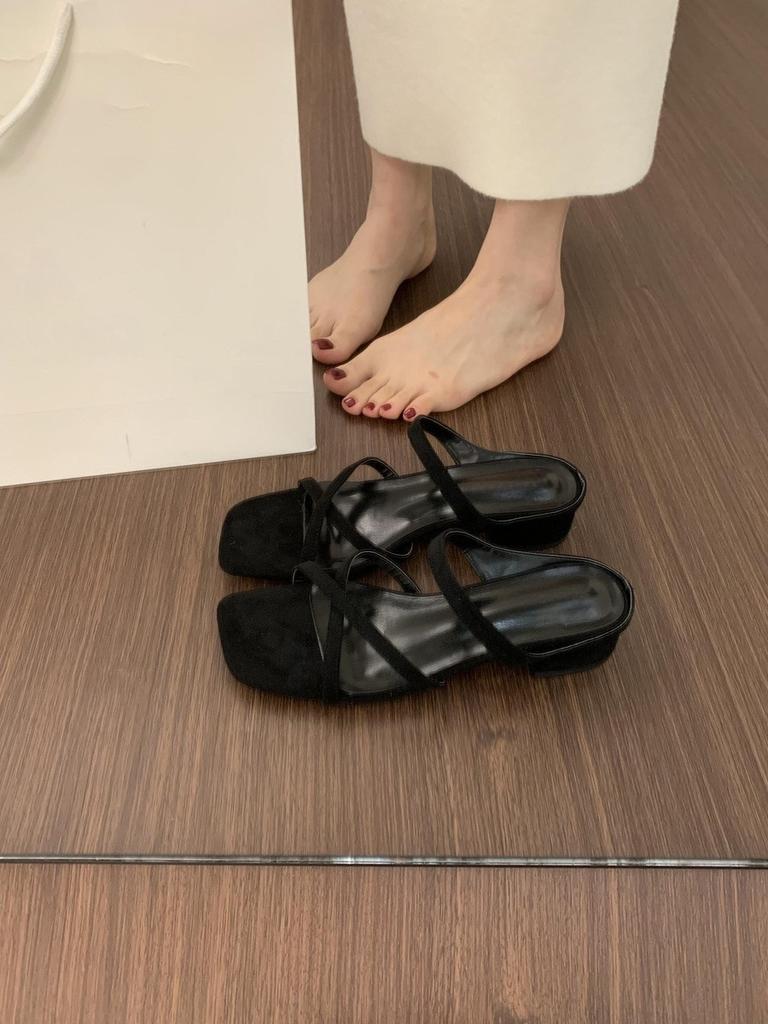 French fairy wind cross with open-toed square slippers female summer wear beautiful 3cm small thick heel suede cool slippers