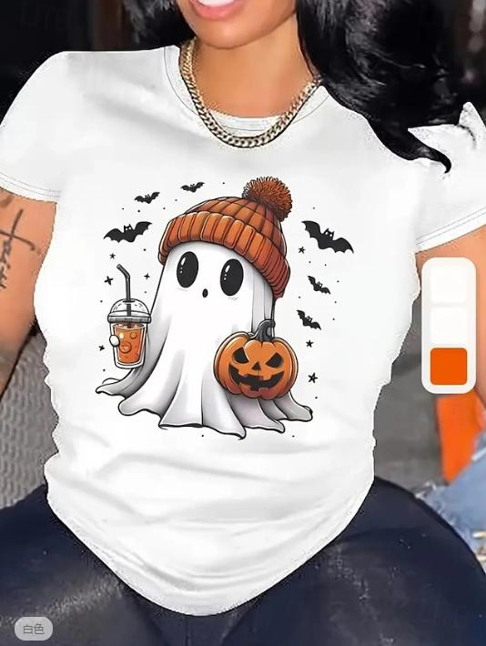 Fashion Women Retro Creative Ghost Print T Shirt Funny Casual O-neck Short Sleeves T-shirt Summer Female Tee Shirt Halloween Limited Edition
